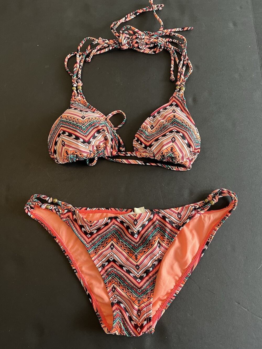 Hobie Triangle String Bikini Y2K Swimsuit Padded 2 Piece Boho Aztec Size Large